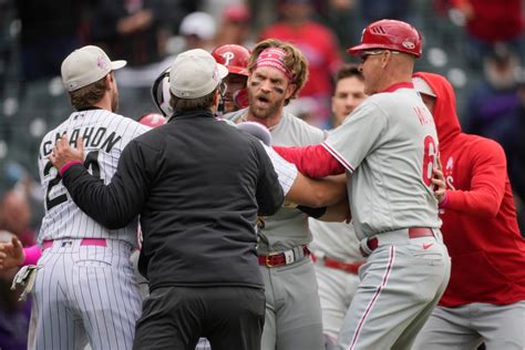 Skirmish breaks out at Rockies-Phillies game as Bryce Harper charges Jake Bird, both players are ejected